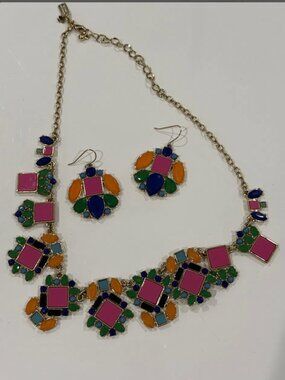 Kate Spade Colorful Statement Necklace & Earring Set Pink Green Gold